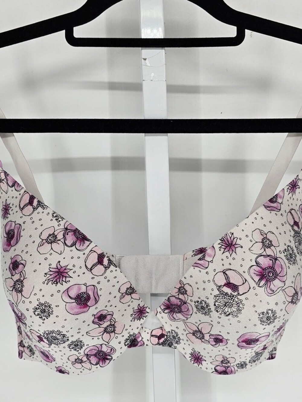 Maidenform Womens Sz 34D Classic Lightly Padded T Shirt Bra White Purple Floral